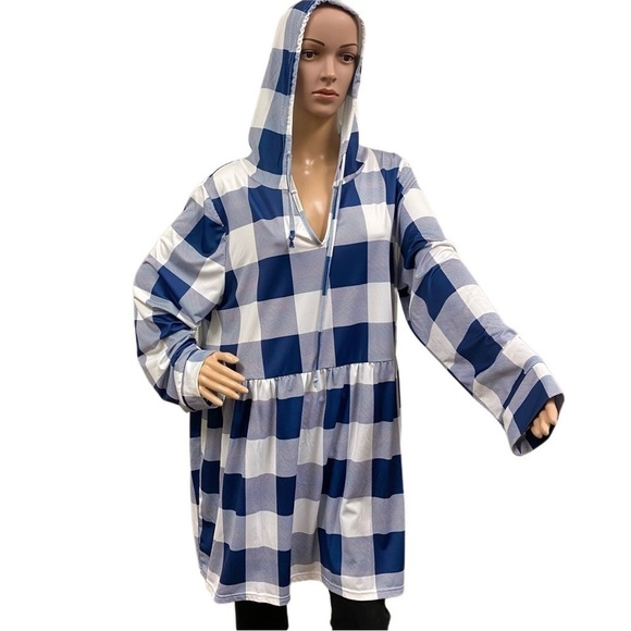 UDEAR Navy & White Buffalo Check Empire-Waist V-Neck Hooded Tunic Women size XXL - Picture 1 of 7